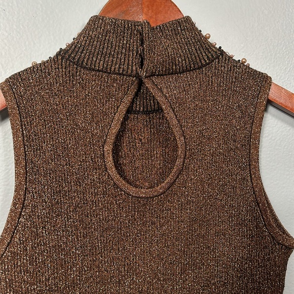 Vintage Brown Pearl beaded mock neck sleeveless top size Small - Picture 8 of 9